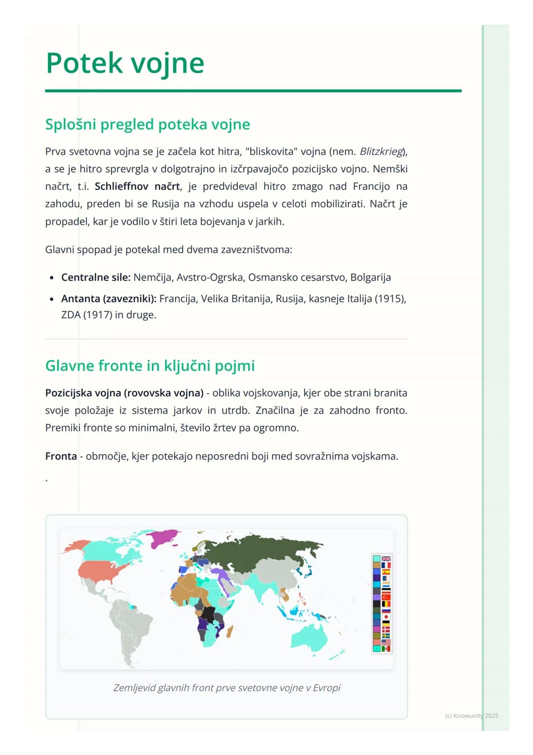 # Potek vojne

Splošni pregled poteka vojne

Prva svetovna vojna se je začela kot hitra, "bliskovita" vojna (nem. Blitzkrieg),
a se je hitro
