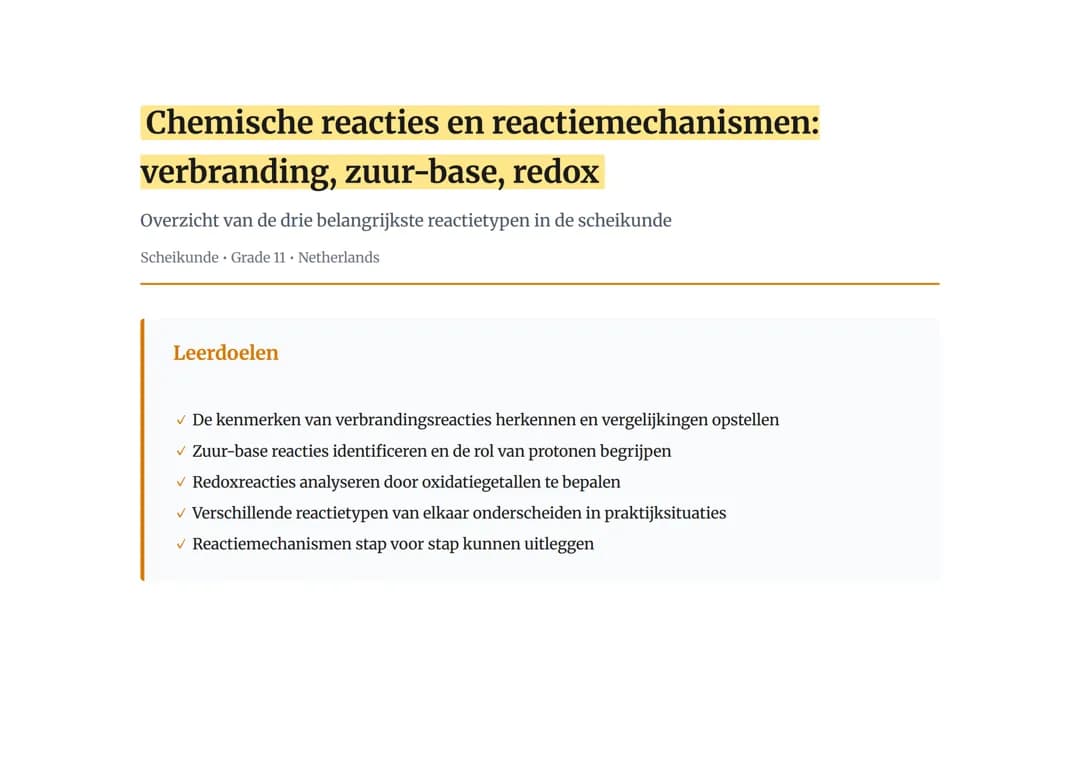 Chemische reacties en reactiemechanismen: verbranding, zuur-base, redox