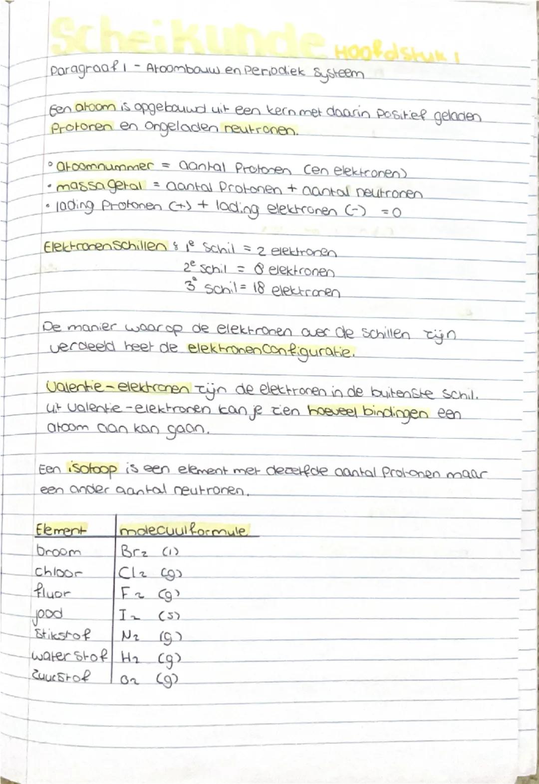 ### Hoofdstuk
Paragraaf - Aroombouw en Periodiek Systeem

Een atoom is opgebouwd uit een kern met daarin positief geladen.
Protoren en ongel