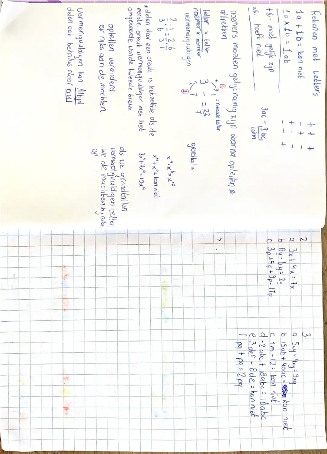 # Rekenen met Letters

+ + +

19 + 16 = kan niet

- + -

1ax1b = 1 ab

+ -

+&- moet gelijk zijn

x: hoeft niet

3ac +9bg

Lerm

noemers moe