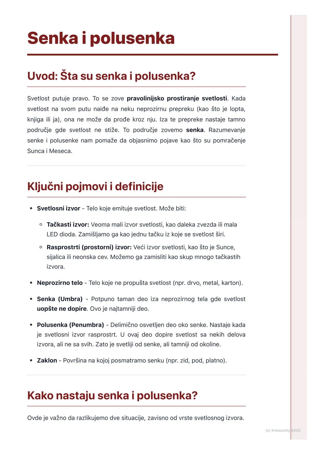 # Senka i polusenka

## Uvod: Šta su senka i polusenka?

Svetlost putuje pravo. To se zove pravolinijsko prostiranje svetlosti. Kada
svetlos