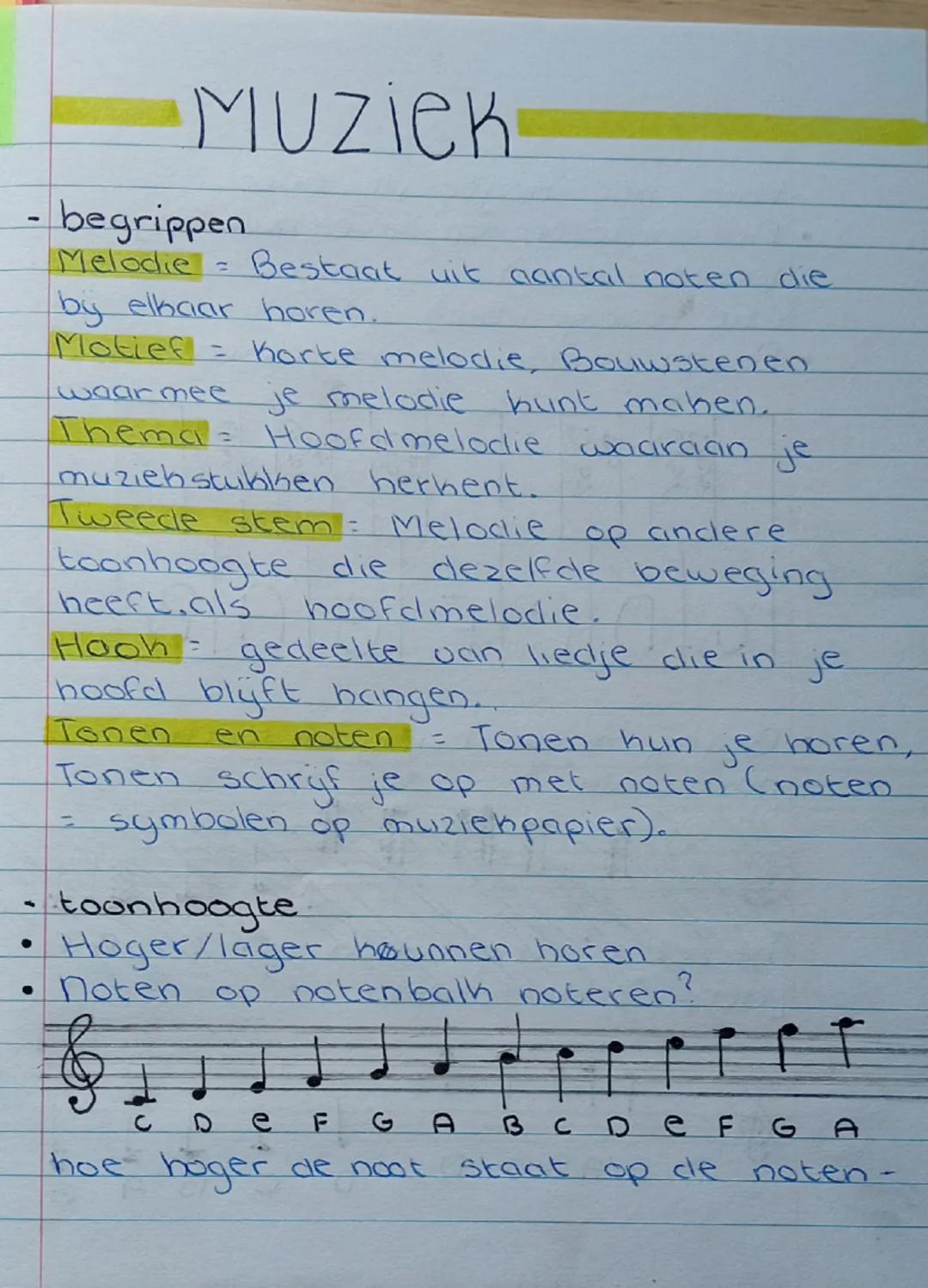 # Muziek
- begrippen
Melodie - Bestaat uit aantal noten die
by elkaar horen.
Motief - Korte melodie, Bouwstenen
waarmee je melodie kunt make