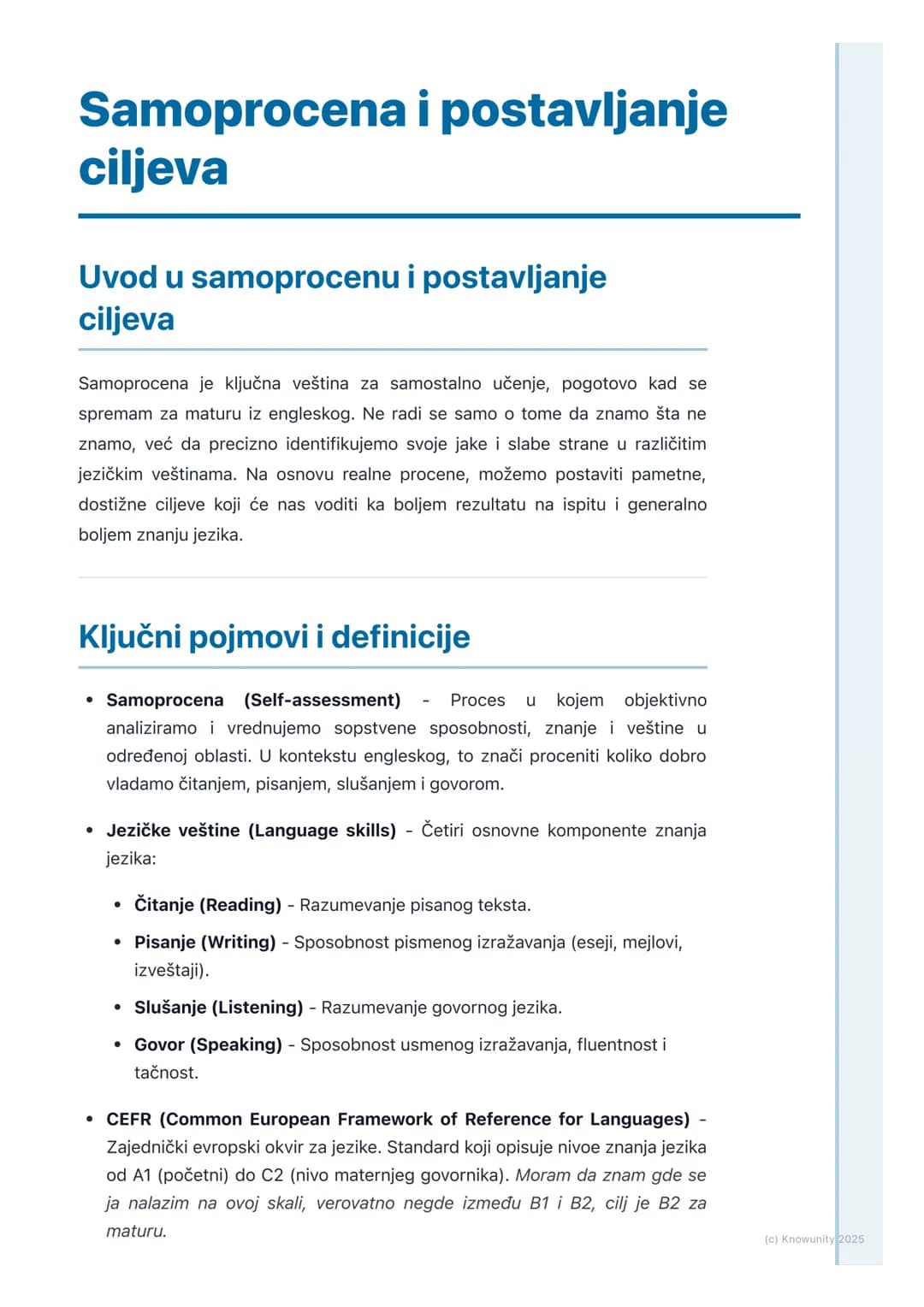 # Samoprocena i postavljanje
ciljeva

Uvod u samoprocenu i postavljanje
ciljeva

Samoprocena je ključna veština za samostalno učenje, pogoto
