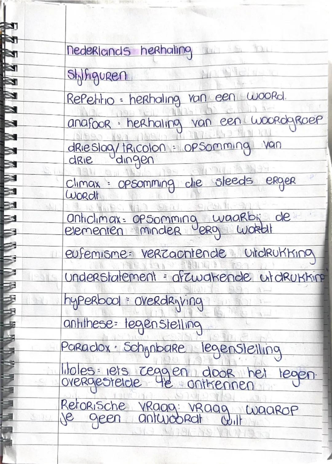 Nederlands herhaling

Stylfiguren

Repetitio: herhaling van een woord.

anafoor herhaling van een woordgroep

drie slag/tricolon: opsomming 