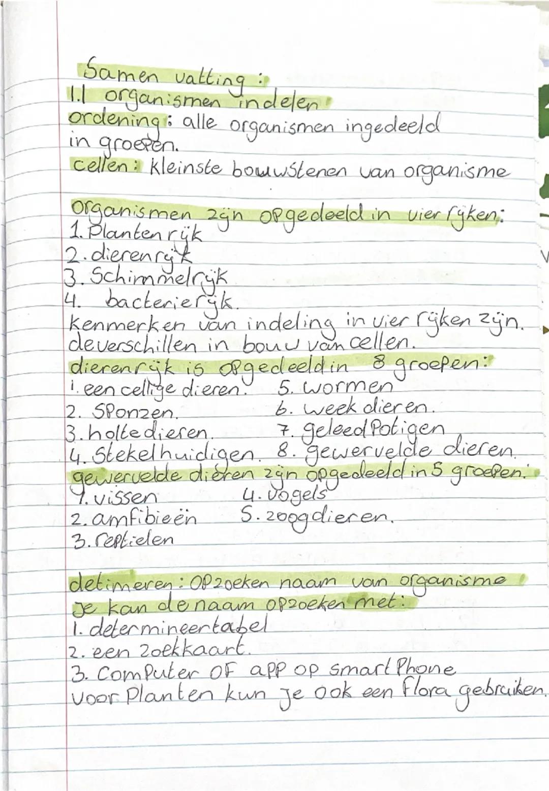 Samen vatting:

1.1 organismen indelen

ordening: alle organismen ingedeeld.
in groepen.

cellen: kleinste bouwstenen van organisme

organis