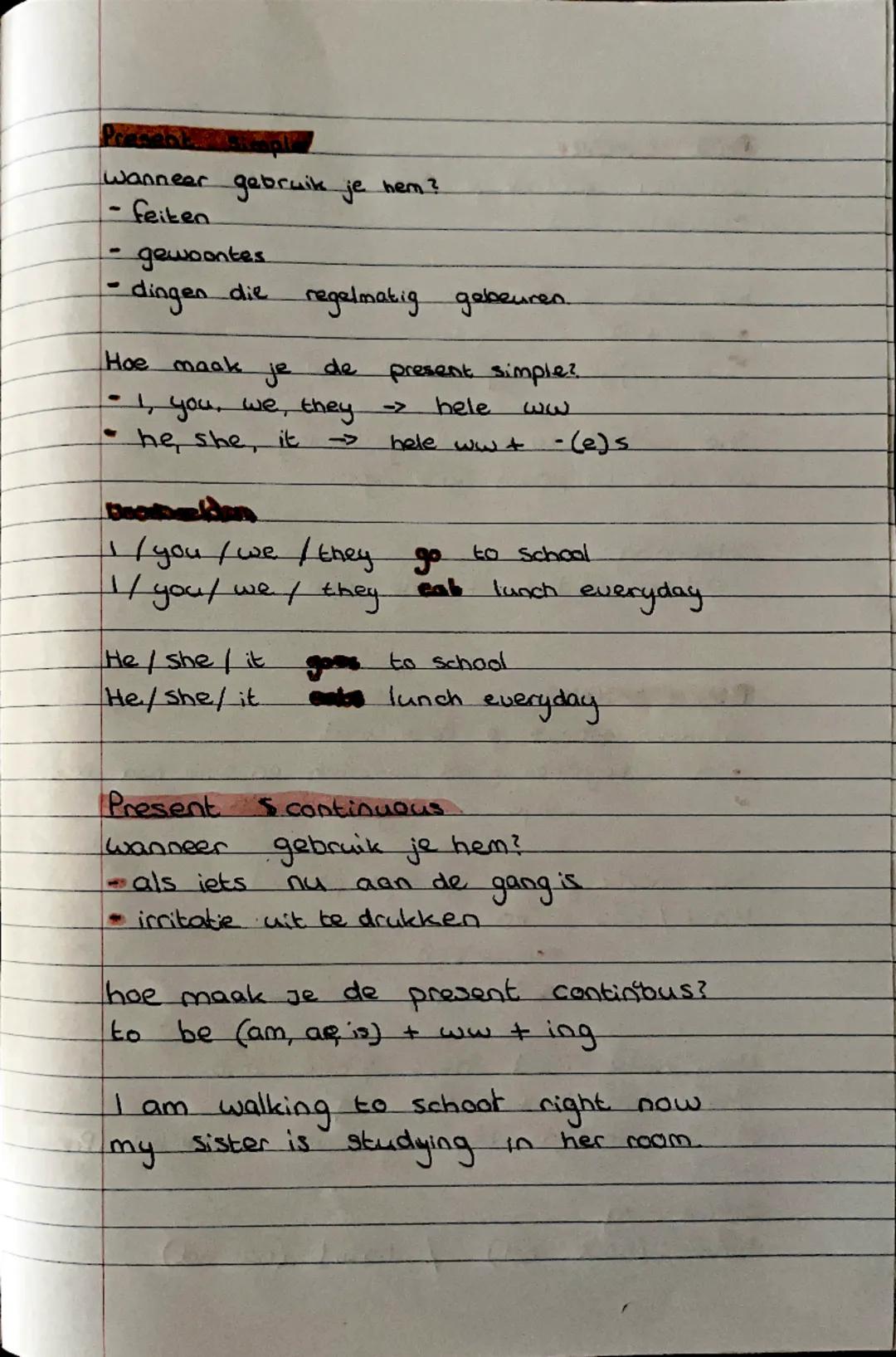 ## Present Simple

Wanneer gebruik je hem?
- feiten
- gewoontes
- dingen die regelmatig gebeuren

Hoe maak je de present simple?
- I, you, w