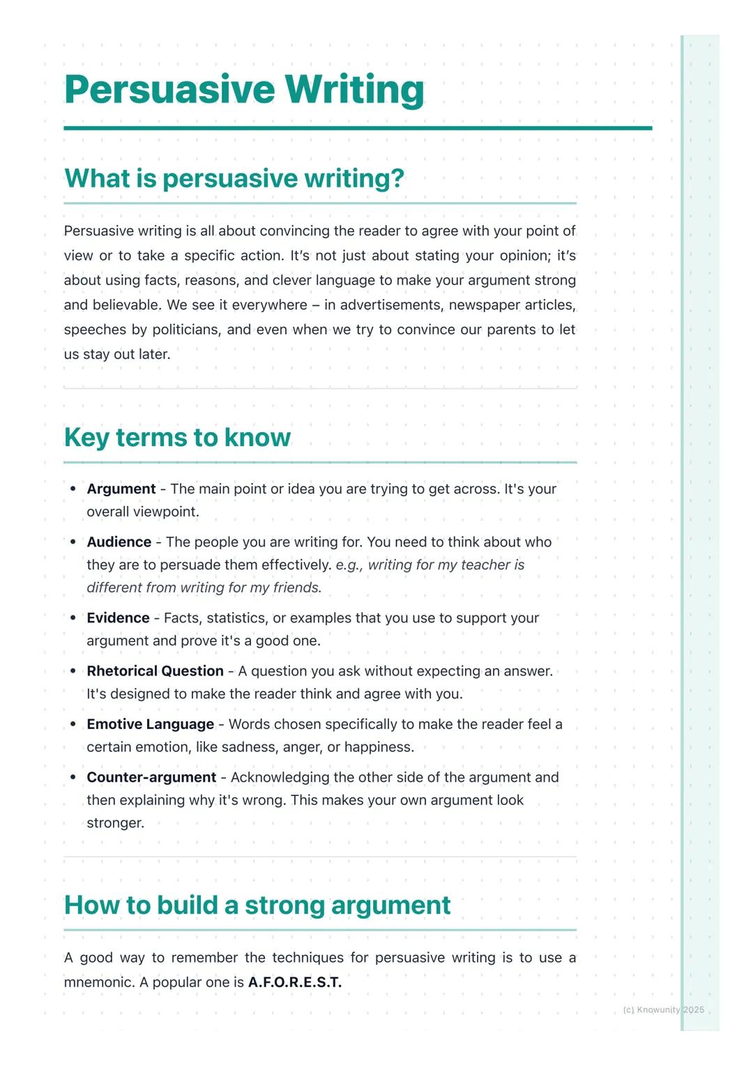 # Persuasive Writing

## What is persuasive writing?

Persuasive writing is all about convincing the reader to agree with your point of
view