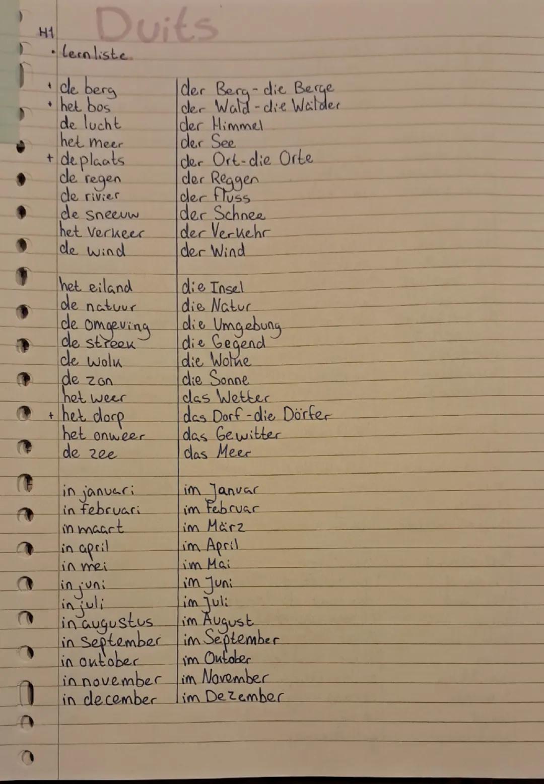 # H1

Duits

*   Lern liste

*   de berg
*   het bos
*   de lucht
*   het meer
*   de plaats
*   de regen
*   de rivier
*   de Sneeuw
*   he