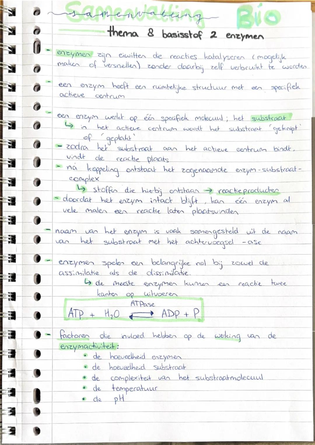 # samenvatting Bio
## thema & basisstof 2 enzymen
- enzymen zijn eiwitten die reacties katalyseren (mogelijk maken of versnellen) zonder daa