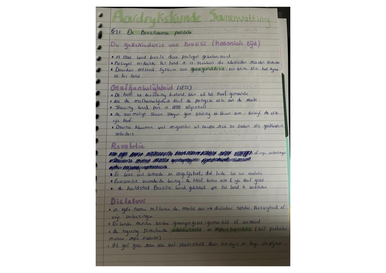 # Aardrykskunde Samenvatting

§2.1 De Braziliaanse politice

De geschiedenis von Brazilië (kononiak tijd)

*   in 1500 weed brazilic doux po
