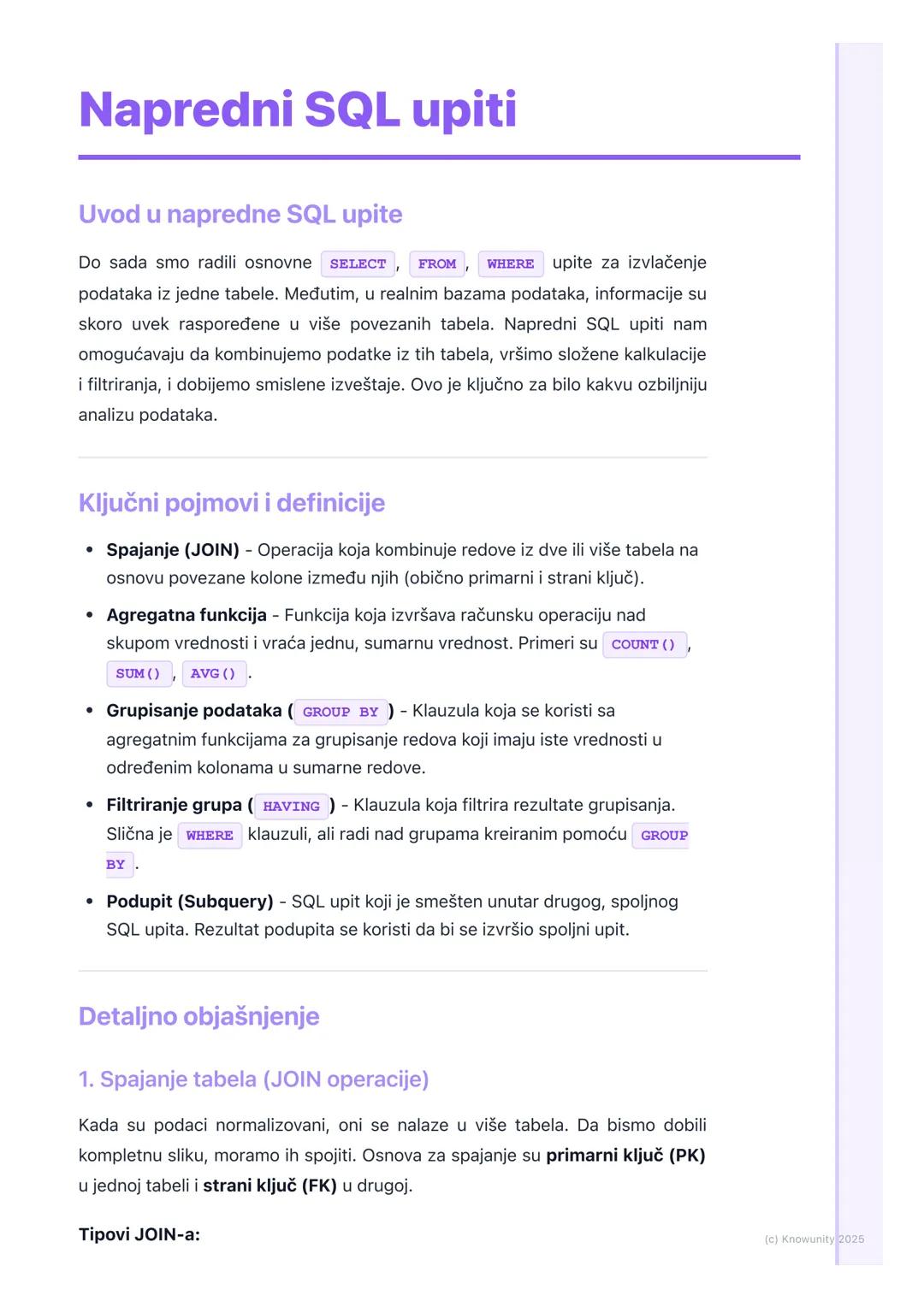 # Napredni SQL upiti

Uvod u napredne SQL upite

Do sada smo radili osnovne `SELECT`, `FROM`, `WHERE` upite za izvlačenje
podataka iz jedne 