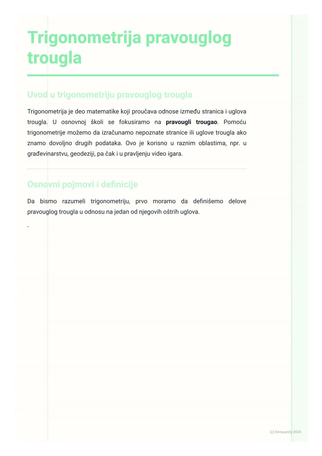 # Trigonometrija pravouglog
trougla

Uvod u trigonometriju pravouglog trougla

Trigonometrija je deo matematike koji proučava odnose između 