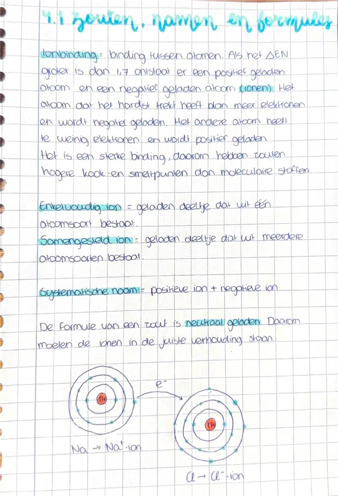 ## 1.1 Zouten, namen en formules

**Ionbinding** = binding tussen atomen. Als het ΔΕΝ groter is dan 1,7 ontstaat er een positief geladen ato