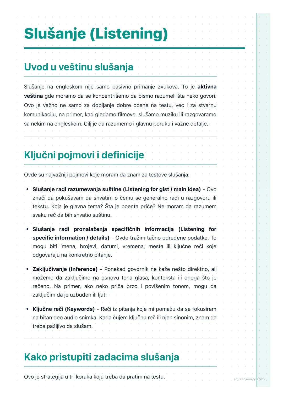 # Slušanje (Listening)

## Uvod u veštinu slušanja

Slušanje na engleskom nije samo pasivno primanje zvukova. To je aktivna
veština gde mora