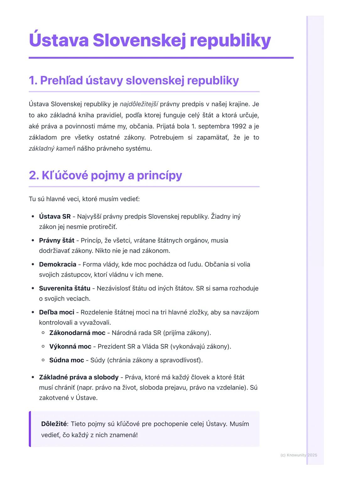 # Ústava Slovenskej republiky

## 1. Prehľad ústavy slovenskej republiky

Ústava Slovenskej republiky je najdôležitejší právny predpis v naš