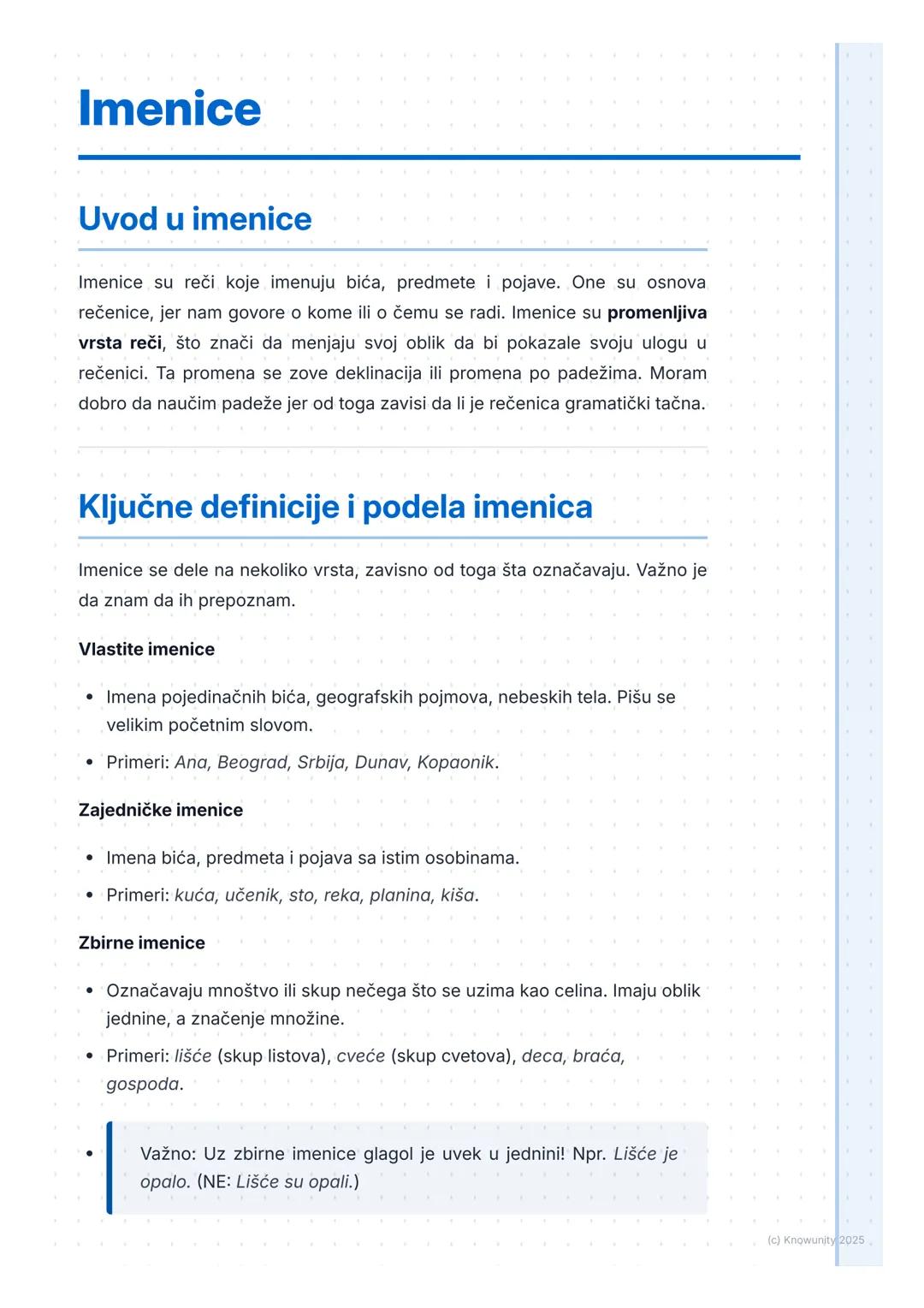 # Imenice

## Uvod u imenice

Imenice su reči koje imenuju bića, predmete i pojave. One su osnova
rečenice, jer nam govore o kome ili o čemu