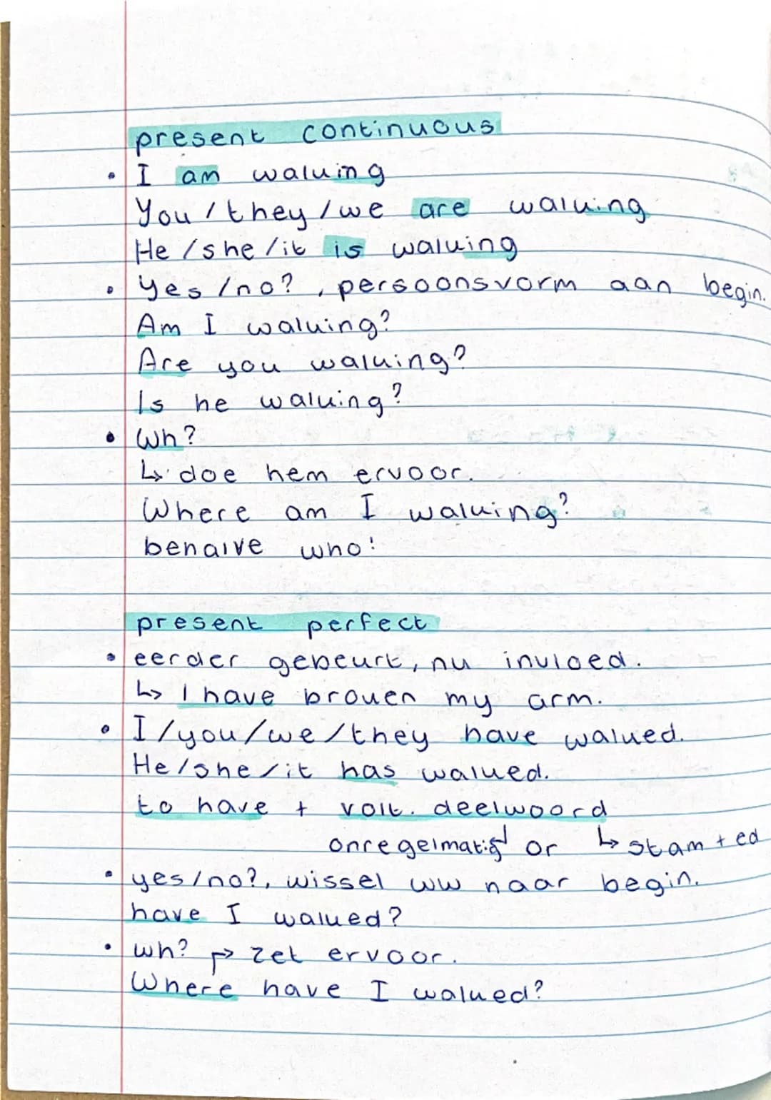 ## present continuous

- I am waluing
You / they / we are waluing
He / she / it is waluing
- yes / no?, persoonsvorm aan begin.
Am I waluing