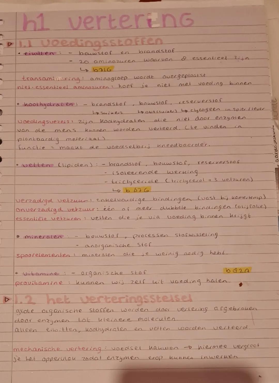 -h1 vertering

1.1 voedingsstoffen

* eiwitten: - bouwstof en brandstof
- 20 aminozuren waarvan 8 essentieel zijn
b7LG
transaminering: amino