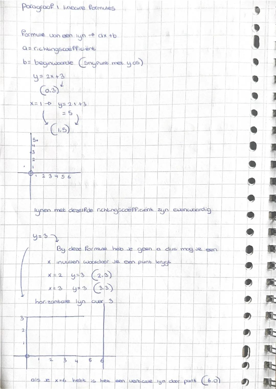 # Paragraaf I lineaire formules

Formule van een lyn ax+b

a= richtingscoefficient

b= beginwaarde (Snypunt met yos)

y=2x+3
↓
(0.3)
X=1- y=