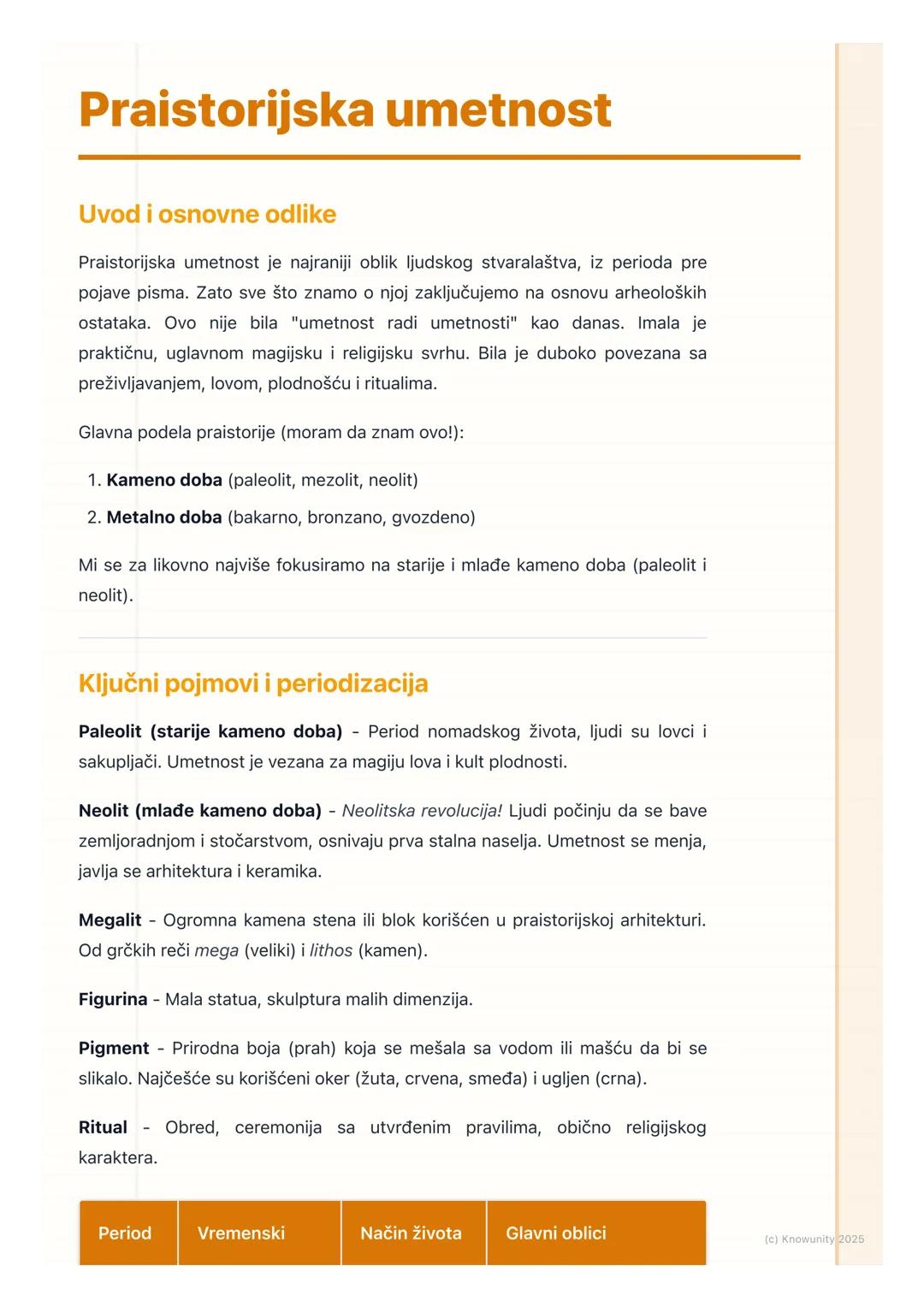 # Praistorijska umetnost

## Uvod i osnovne odlike

Praistorijska umetnost je najraniji oblik ljudskog stvaralaštva, iz perioda pre
pojave p