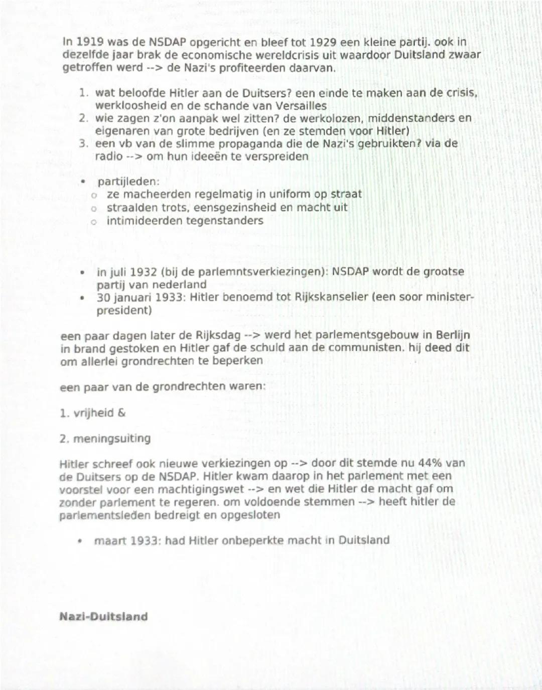 Geschiedenis hoofdstuk 2 paragraaf 2 en 3
Paragraaf 2.2
De ideeën van de Nazi's
De Duitsers waren teleurgesteld over de verloren oorlog en h