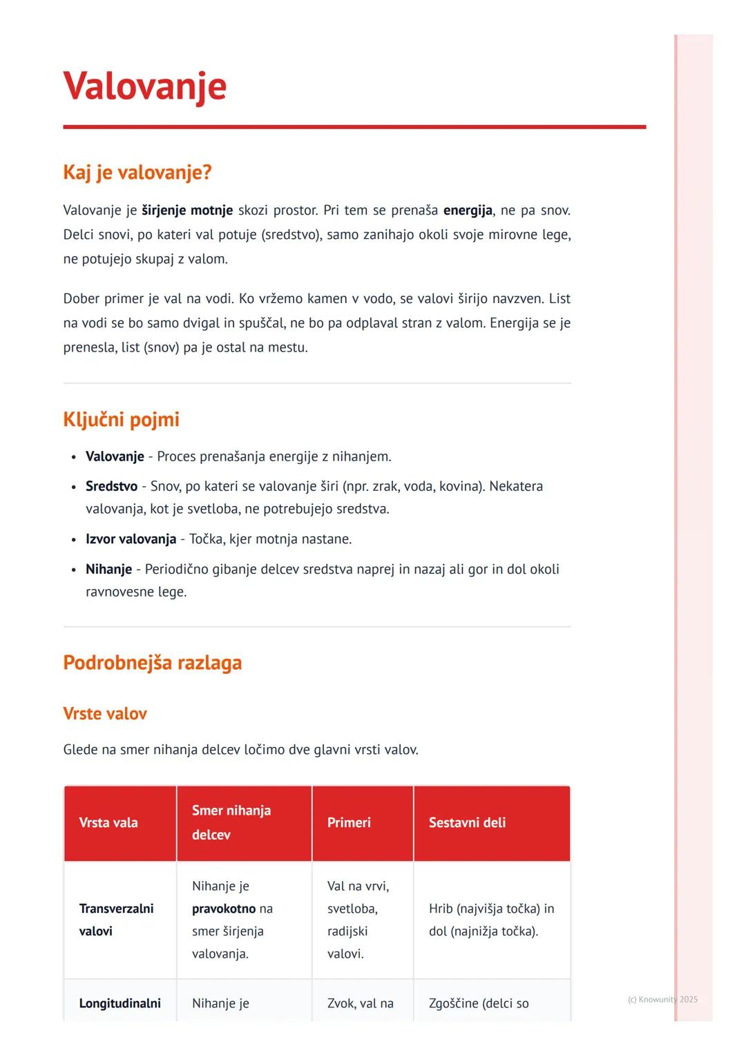 # Valovanje

Kaj je valovanje?

Valovanje je širjenje motnje skozi prostor. Pri tem se prenaša energija, ne pa snov.
Delci snovi, po kateri 