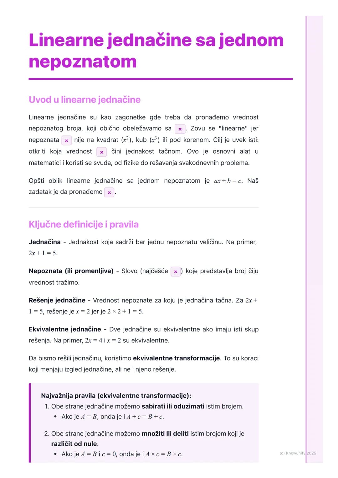 # Linearne jednačine sa jednom
nepoznatom

Uvod u linearne jednačine

Linearne jednačine su kao zagonetke gde treba da pronađemo vrednost
ne
