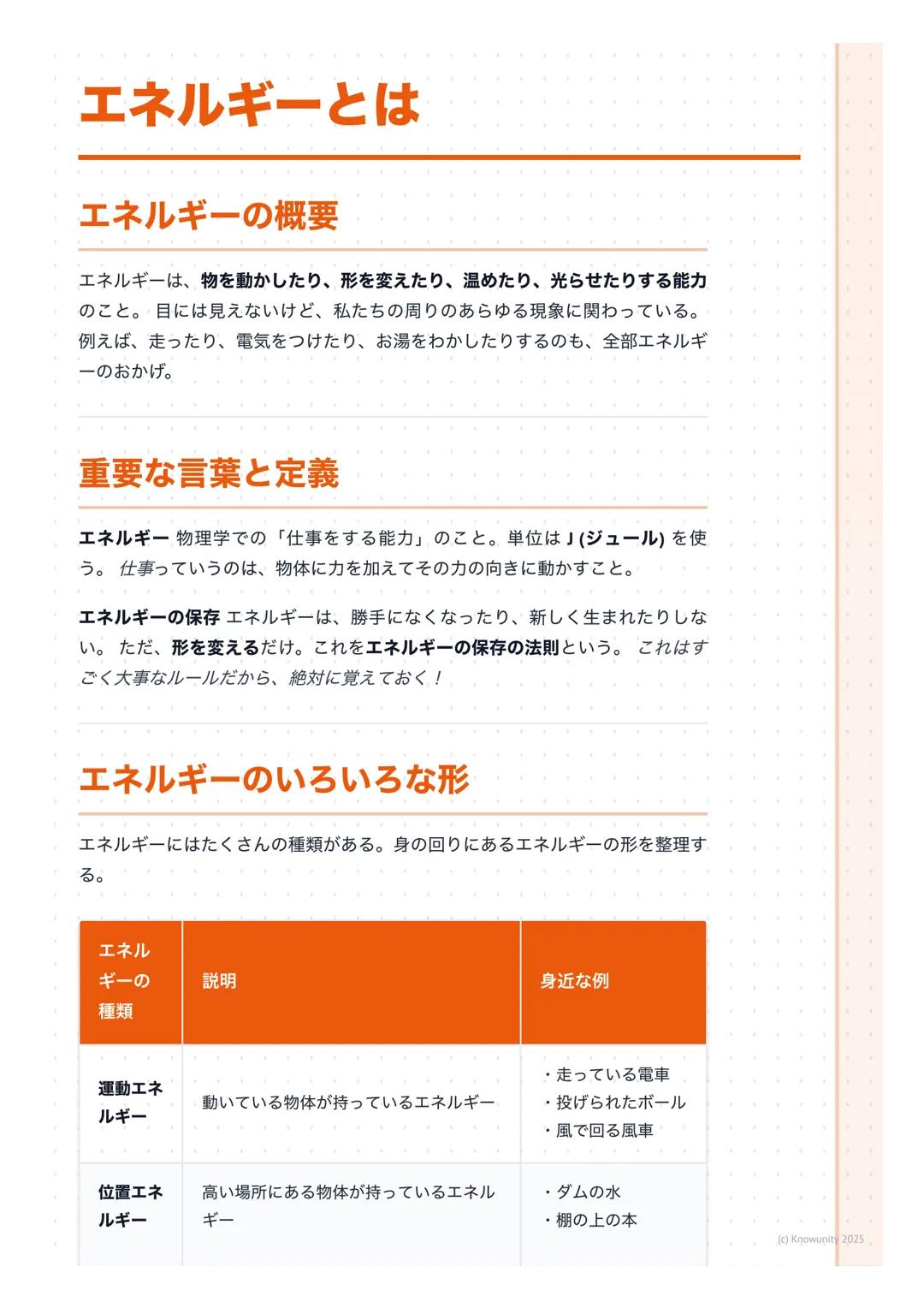# エネルギーとは

## エネルギーの概要

エネルギーは、物を動かしたり、形を変えたり、温めたり、光らせたりする能力
のこと。目には見えないけど、私たちの周りのあらゆる現象に関わっている。
例えば、走ったり、電気をつけたり、お湯をわかしたりするのも、全部エネルギ
一のおかげ。