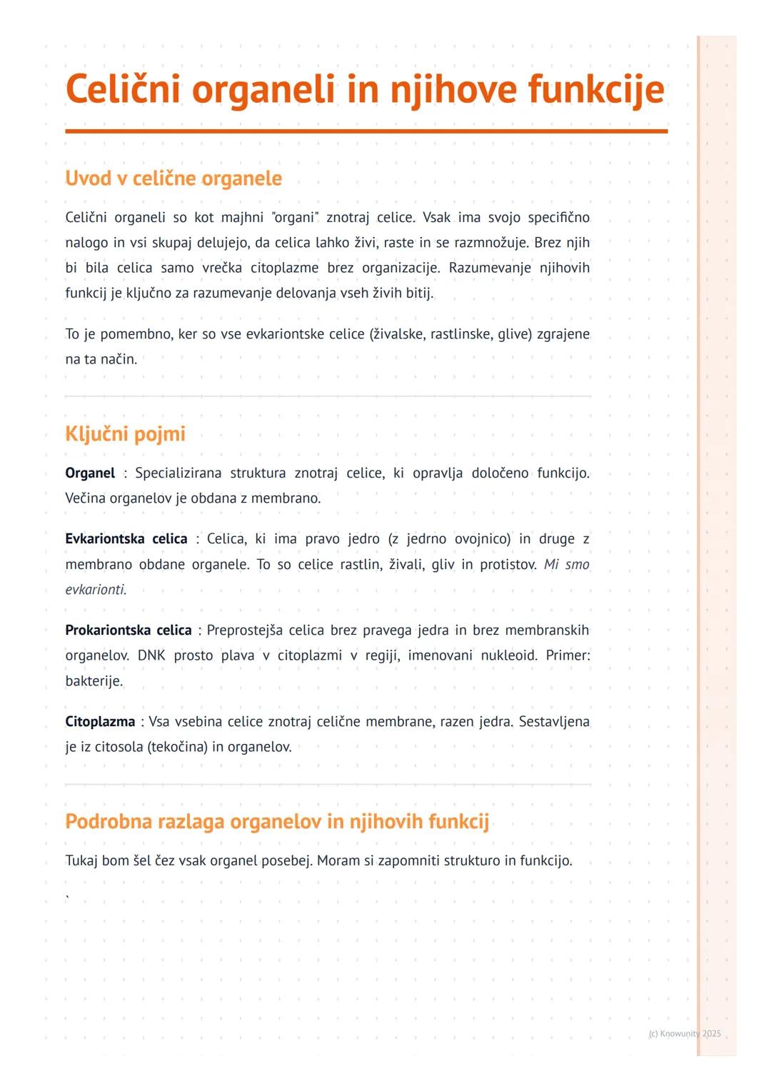 # Celični organeli in njihove funkcije

Uvod v celične organele

Celični organeli so kot majhni "organi" znotraj celice. Vsak ima svojo spec