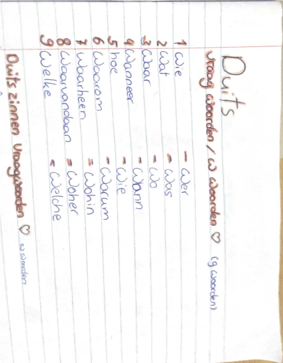 Duits
vraag woorden/w woorden (gwoorden).
1 Wie - Wer
2 Wat - Was
3 Waar - wo
4 Wanneer - Wann
5 hoe -Wie
6 Waarom -Warum
7 Waarheen = Wohin