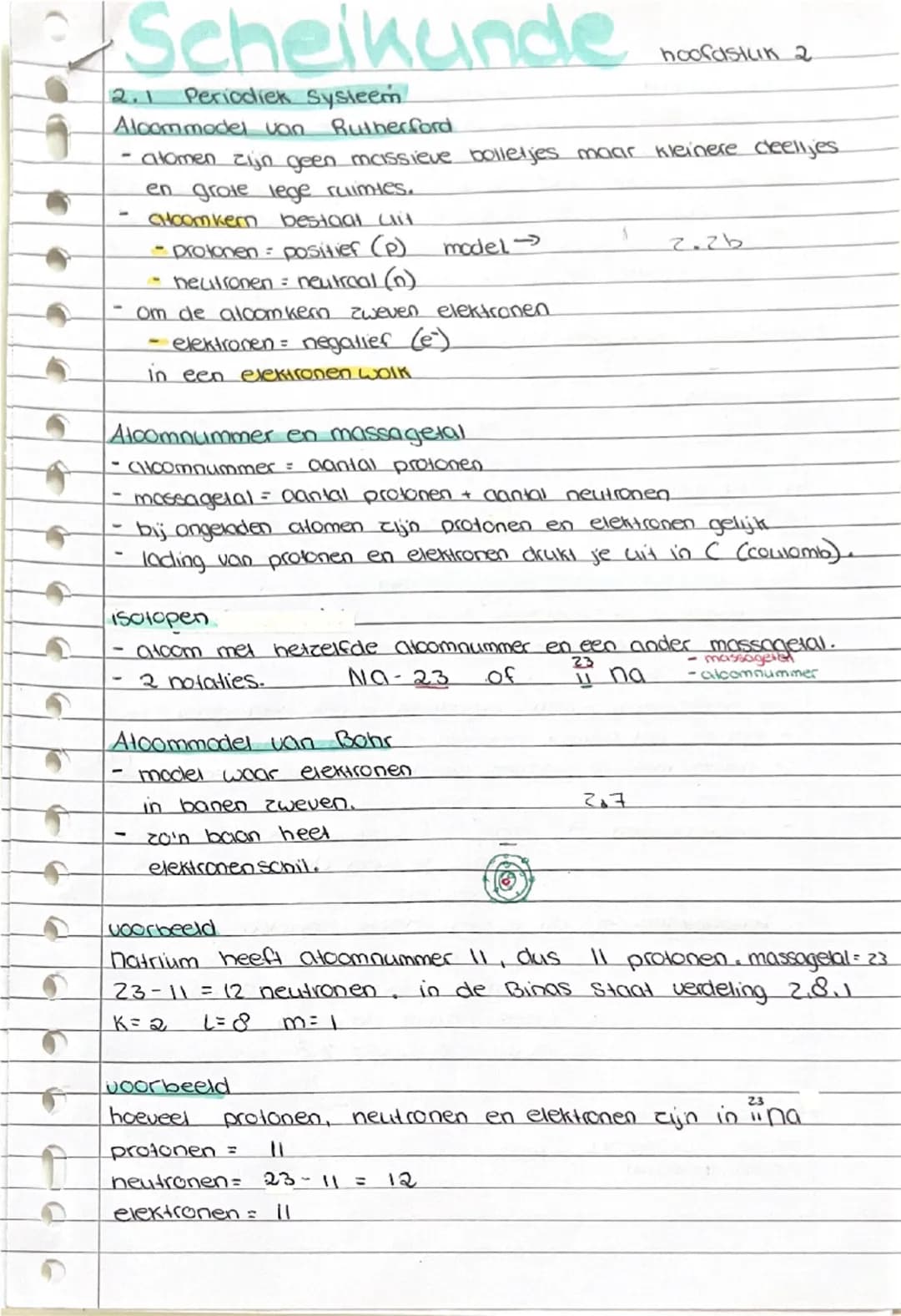 # Scheikunde
## 2.1 Periodiek Systeem
**Atoommodel van Rutherford**
hoorastuk 2
- atomen zijn geen massieve bolletjes maar kleinere deeltjes