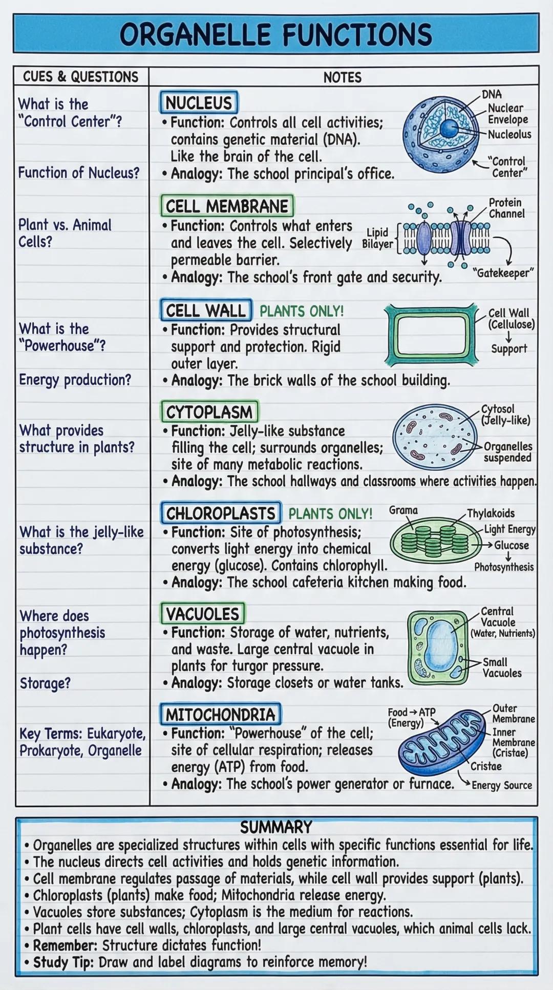 # ORGANELLE FUNCTIONS

CUES & QUESTIONS | NOTES
---|---
What is the | NUCLEUS
"Control Center"? | • Function: Controls all cell activities;
