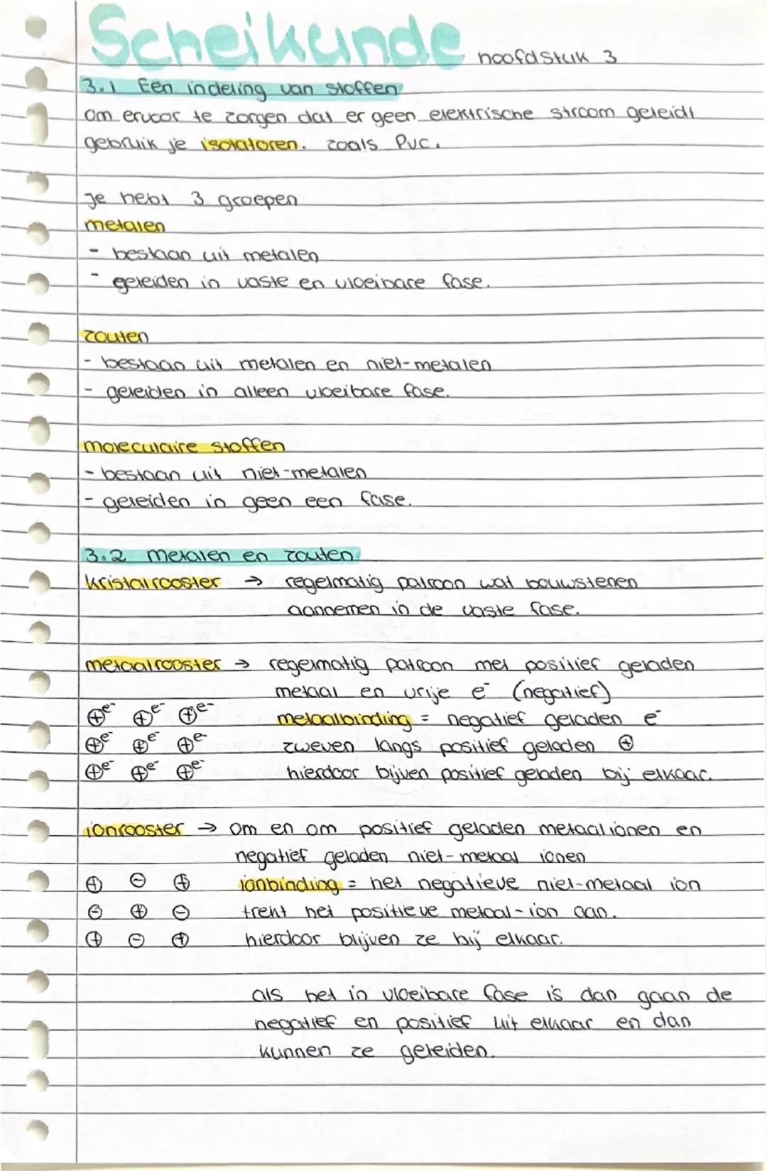 Scheikunde hoofdstuk 3
3.1 Een indeling van stoffen
om ervoor te zorgen dat er geen elektrische stroom geleidi
gebruik je isolatoren. zoals 