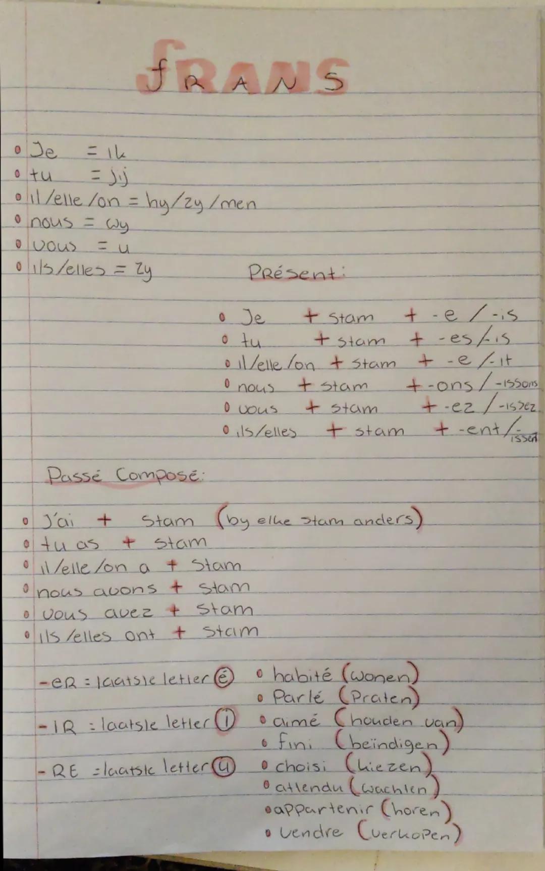 # FRANS

*   Je = 1k
*   tu = زال
*   il/elle/on = hy/zy/men
*   nous = wy
*   vous = u
*   ils/elles = Zy

Présent:

*   Je + Stam + -e/-is