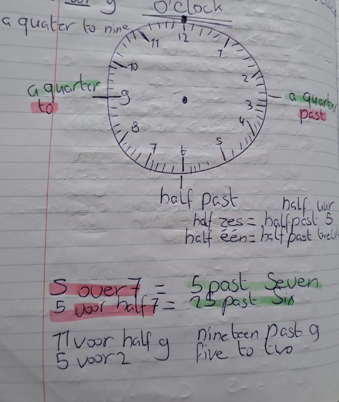 O'clock

a quater to ninet וווייייייייה

a quarter Eg
10
8
11
7
6
7
S
2
4
3
a quarter
past
=
half past
half uur
halfpest 5
balf past belve
h