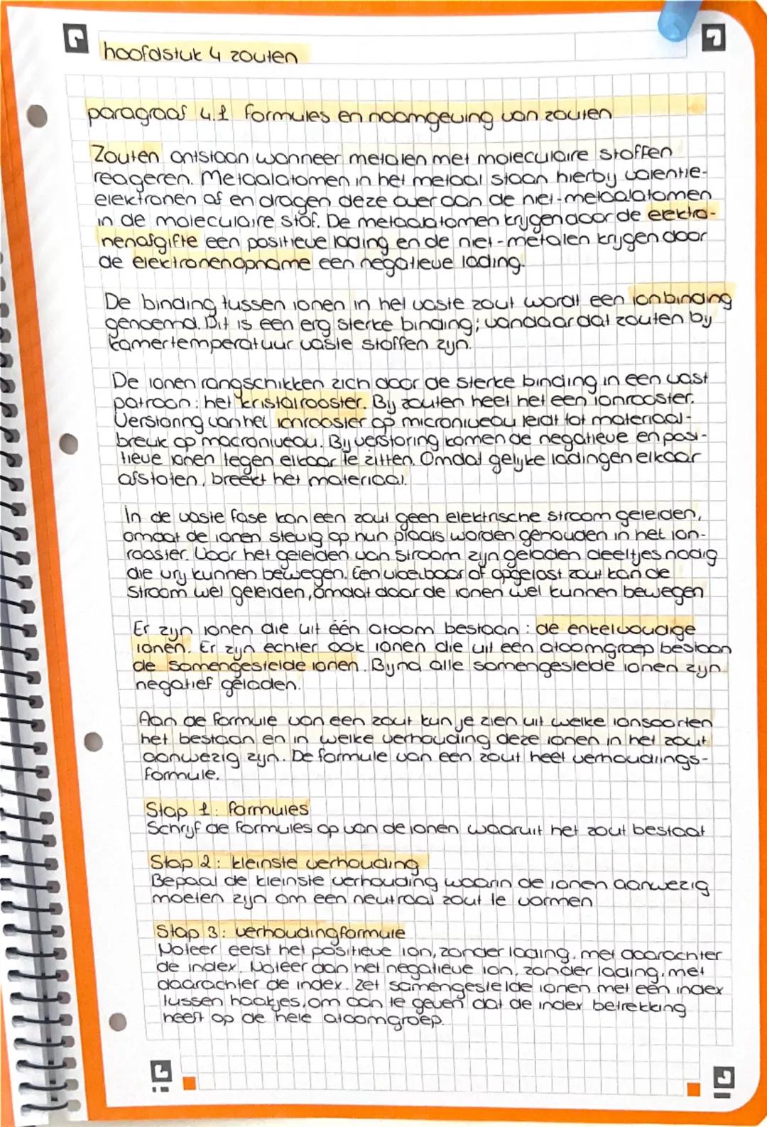 # hoofdstuk 4 zouten

paragraas 4.1 formules en noomgeving van zouren

Zouten ontstaan wanneer metalen met moleculaire stoffen
reageren. Mel