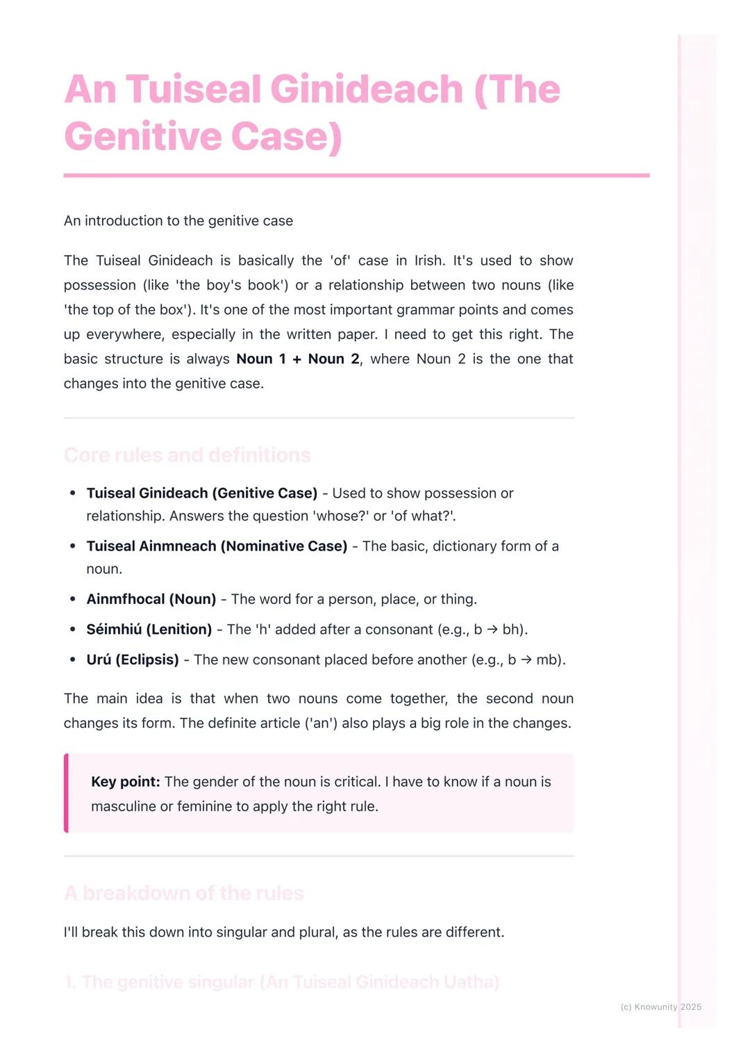# An Tuiseal Ginideach (The
Genitive Case)

An introduction to the genitive case

The Tuiseal Ginideach is basically the 'of' case in Irish.