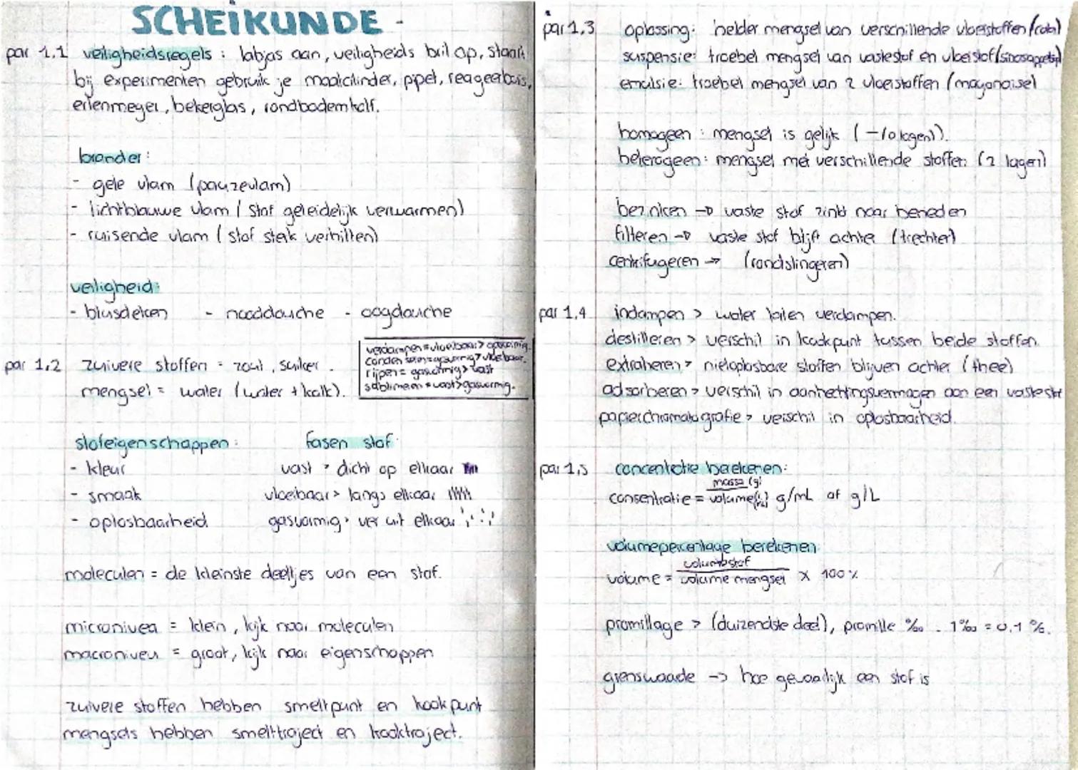 # SCHEIKUNDE-

par 1.1 veiligheidsregels: labjas aan, veiligheids buil op, staalt
bij experimenten gebruik je modicilinder, pipet, reageerba