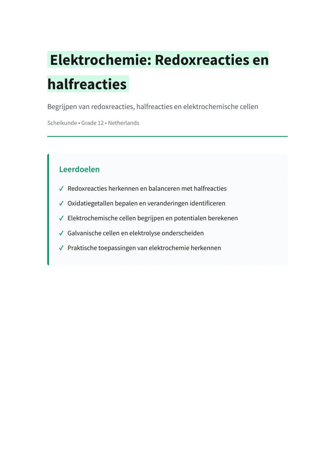 Elektrochemie: Redoxreacties en
halfreacties
Begrijpen van redoxreacties, halfreacties en elektrochemische cellen
Scheikunde Grade 12 Nether
