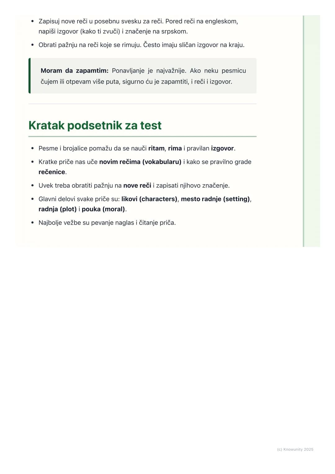 # Pesme i priče

## Uvod: Zašto učimo pesme i priče?

Učenje pesama, brojalica i kratkih priča na engleskom je super način da se
lakše nauči
