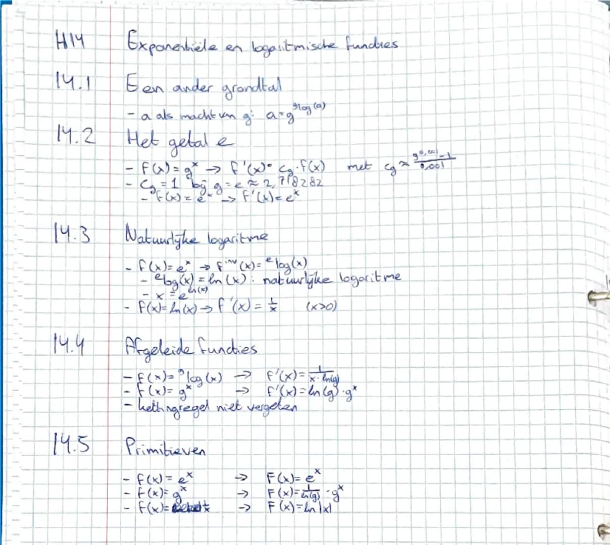 H14
Exponentiele en logaritmische functies
14.1 Een ander grondtal
- a als macht van g: $a = g^{log_g(a)}$
14.2 Het getal e
- $F(x) = e^x \r