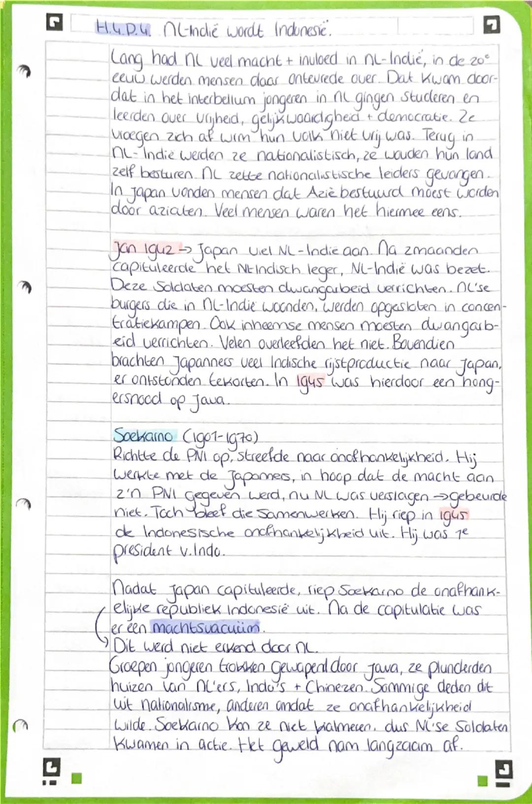 H.4.0.4. NL-Indie wordt Indonesie.
Lang had NL veel macht + invloed in NL-Indie, in de 20e
eeuw werden mensen daar ontevrede over. Dat kwam 