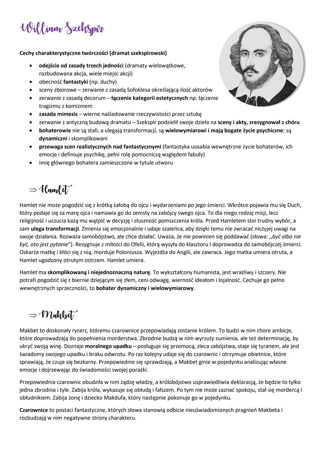 # William Sackspir

Cechy charakterystyczne twórczości (dramat szekspirowski)

- odejście od zasady trzech jedności (dramaty wielowątkowe,
r