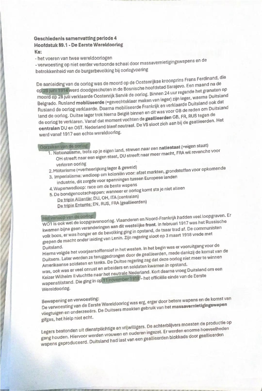 Geschiedenis samenvatting periode 4
Hoofdstuk 59.1-De Eerste Wereldoorlog
Ka:
- het voeren van twee wereldoorlogen
- verwoesting op niet eer