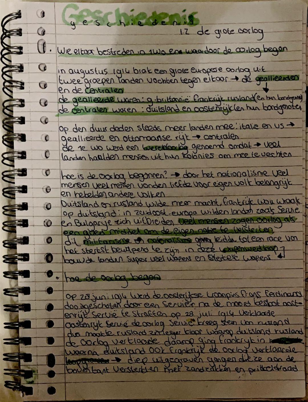 # Geschiedenis
1.2 de grote oorlog

Wie eltar bestreden in two ena waar door de oorlog begon

in augustus 1g14 brak een grote europese oorlo