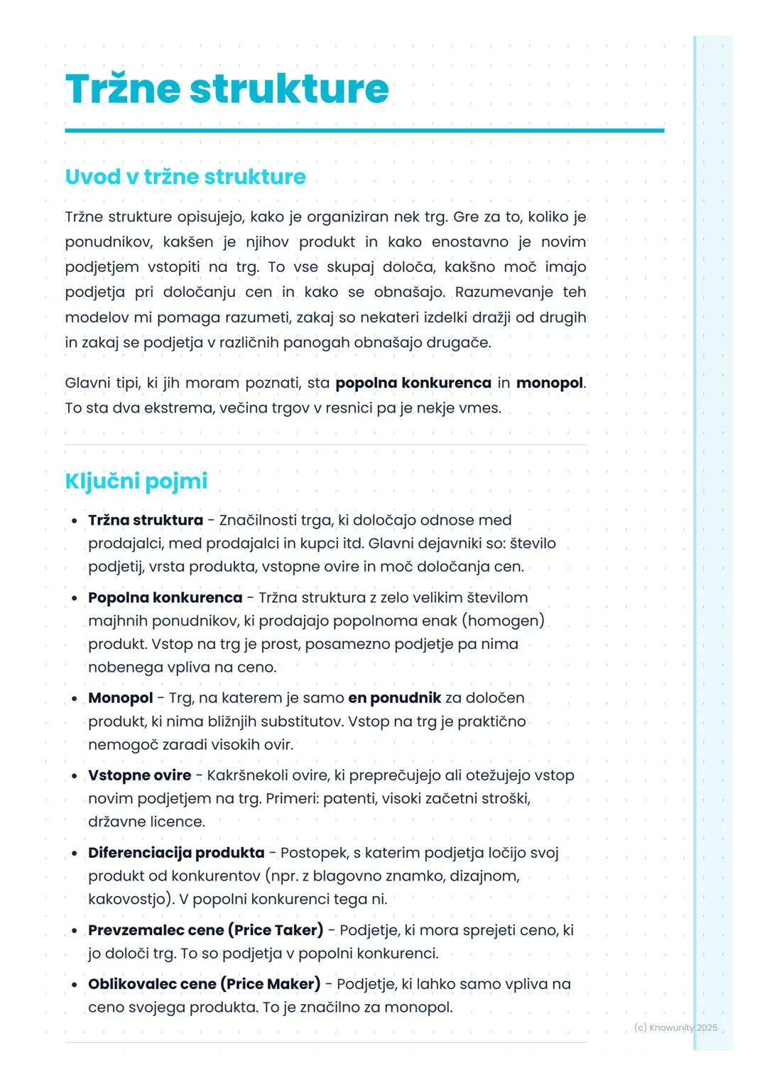 # Tržne strukture

Uvod v tržne strukture

Tržne strukture opisujejo, kako je organiziran nek trg. Gre za to, koliko je
ponudnikov, kakšen j
