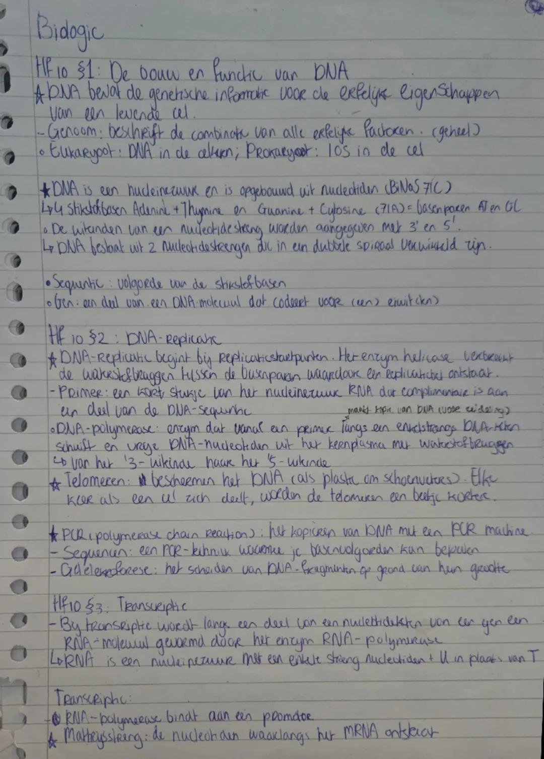 Bidogic
1HF 10 §1: De bouw en functic van DNA
AbNA bevat de genetische informatic VOOR cle erfelijke ligenschappen
van een levende cel.
-Gen