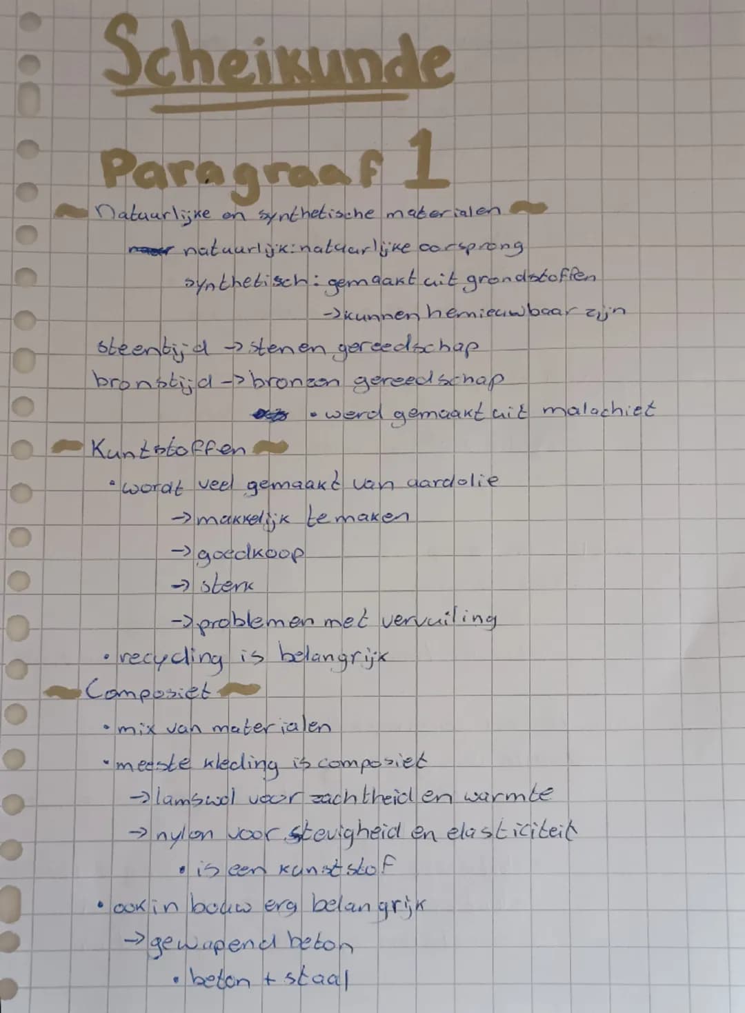 # Scheikunde

Paragraaf 1
Natuurlijke on synthetische materialen.

naar natuurlijk: natuurlijke corsprong
synthetisch gemaakt uit grondstoff