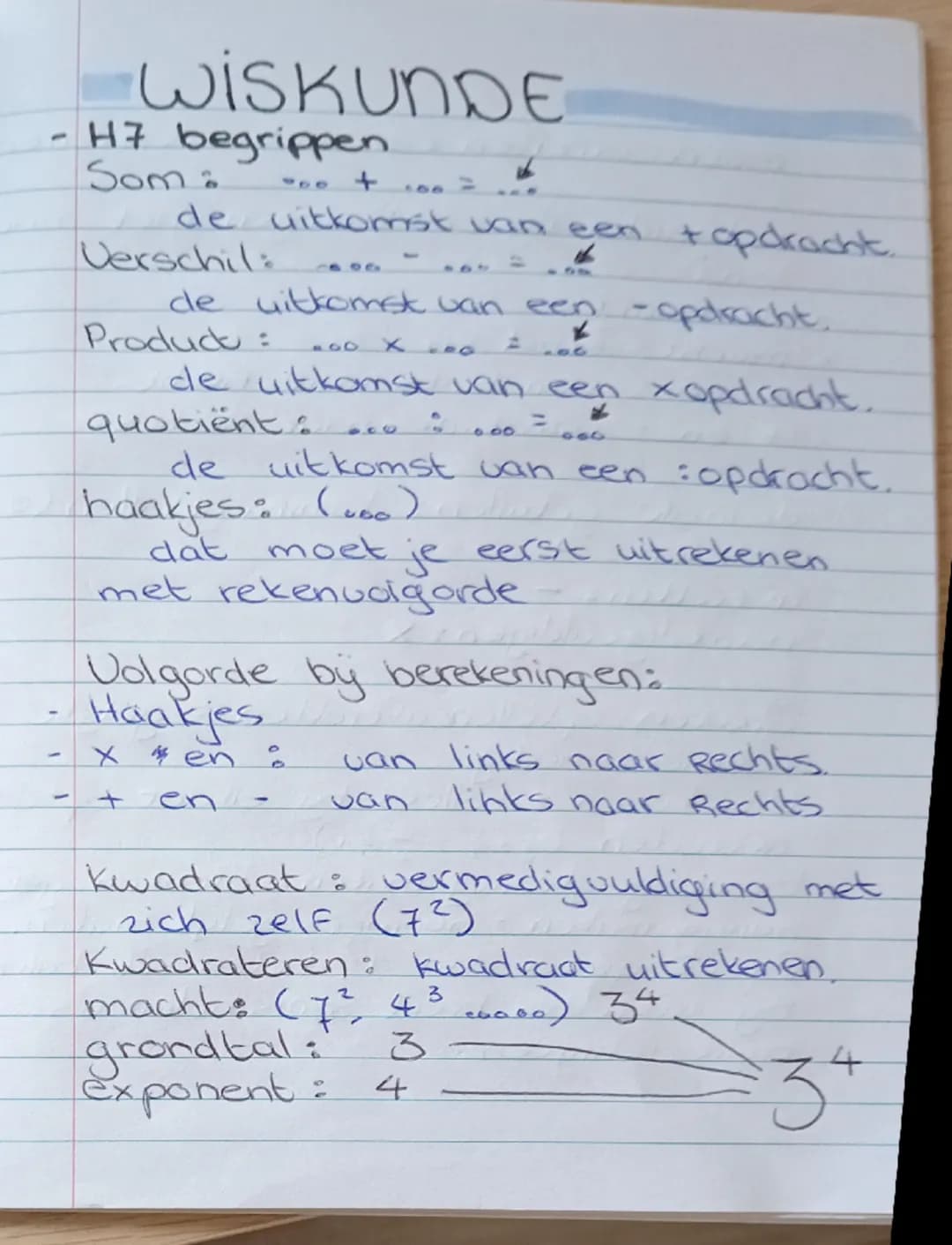 WISKUNDE
- H7 begrippen.
- 
Som: $\Box \Box + \Box \Box = \Box \Box$
de uitkomst van een +opdracht.
Verschil: $\Box \Box - \Box \Box = \Box 