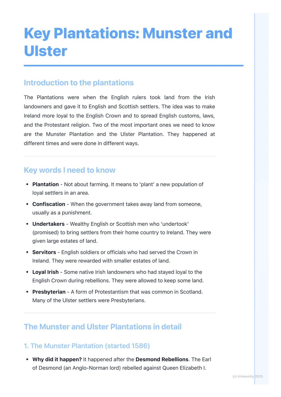 # Key Plantations: Munster and
# Ulster

Introduction to the plantations

The Plantations were when the English rulers took land from the Ir